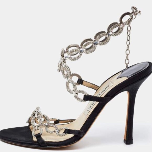 Jimmy Choo Black Satin Crystal Embellished Sandal Heels